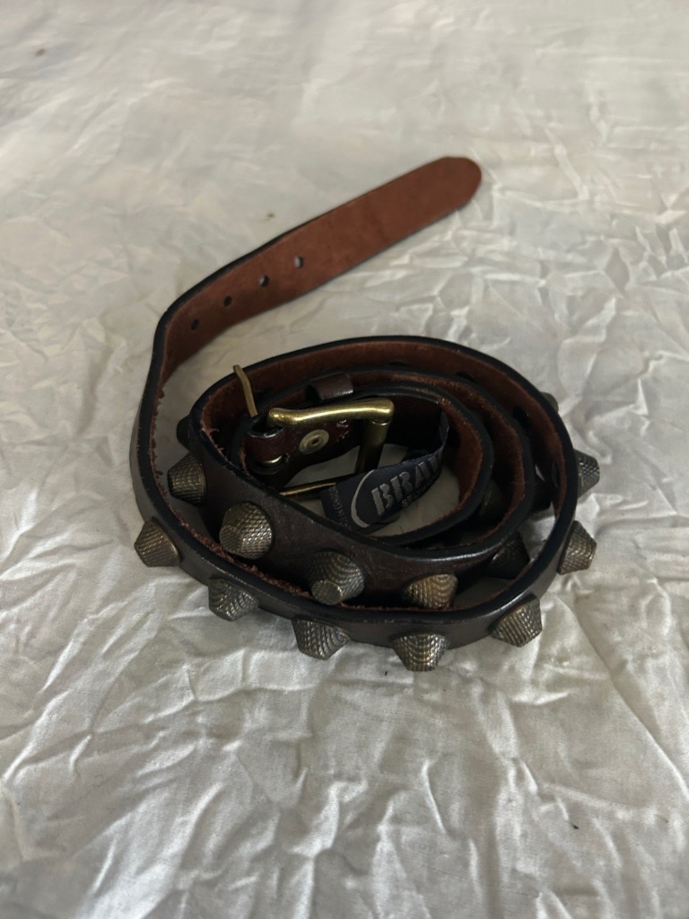 Brown Studded Leather Wrap Belt with Brass-Tone Hardware 34